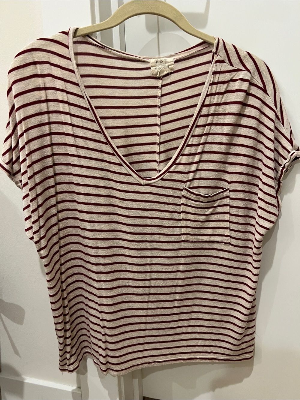 Striped V-Neck Pocket Tee in Cream and Burgundy